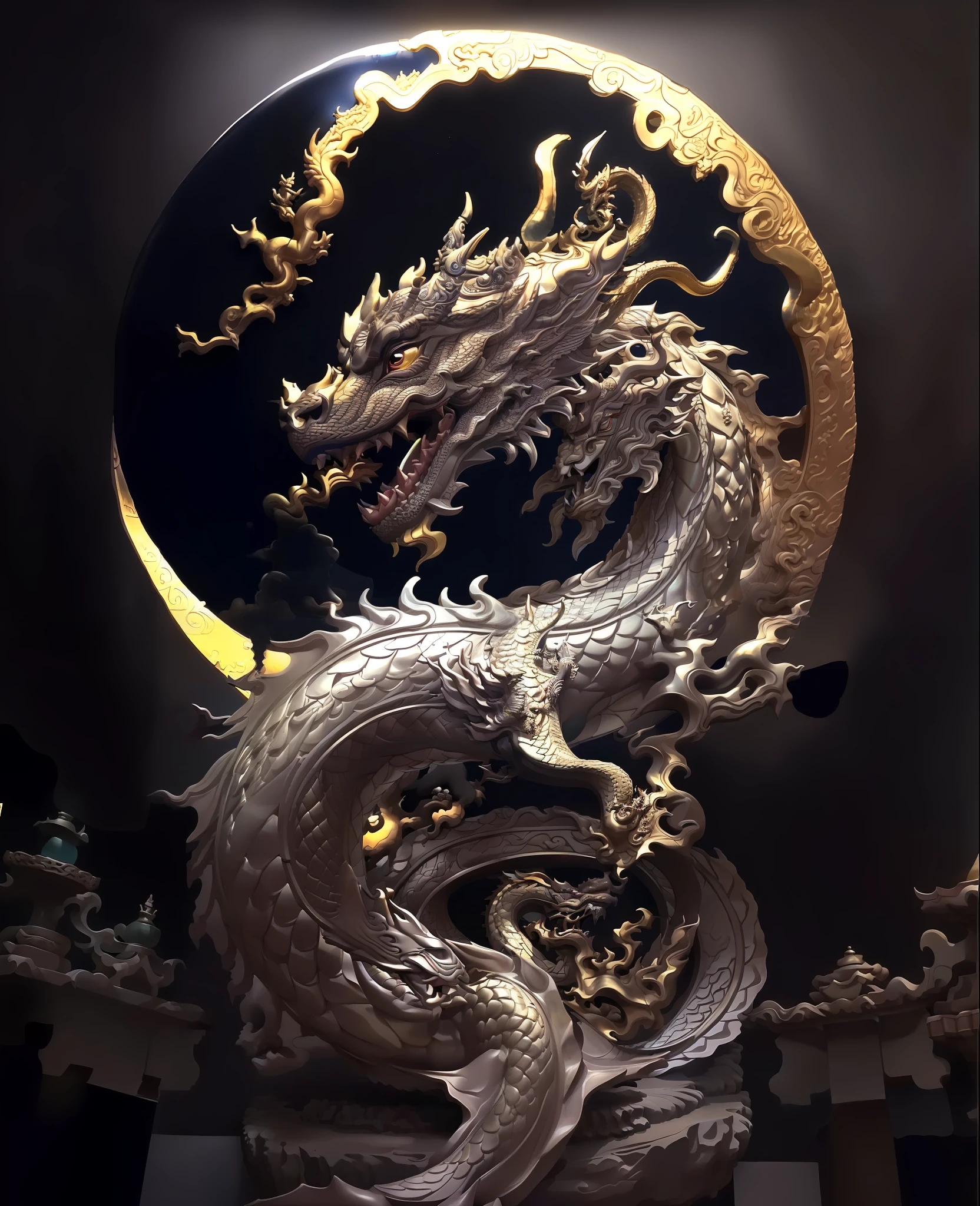 a close up of a dragon statue with a full moon in the background, smooth chinese dragon, chinese dragon concept art, dragon art, loong, chinese dragon, majestic japanese dragon, dragon, a dragon, dragon centered, oil painting of dragon, god of dragons, lung dragon, golden dragon, chinese fantasy, by Yang J, dragon snake with wings