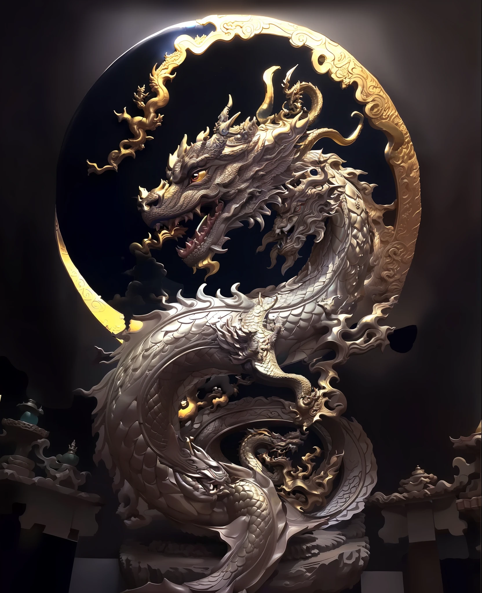 a close up of a 龙 statue with a full moon in the background, smooth chinese 龙, chinese 龙 concept art, 龙 art, 龍, chinese 龙, majestic japanese 龙, 龙, a 龙, 龙 centered, oil painting of 龙, god of 龙s, lung 龙, golden 龙, 中国奇幻, 作者：Yang J, 龙 snake with wings