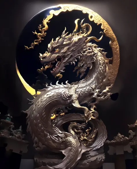 a close up of a dragon statue with a full moon in the background, smooth chinese dragon, chinese dragon concept art, dragon art,...