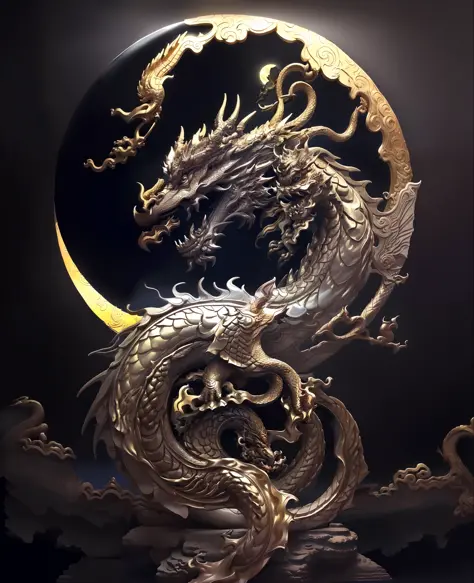 a close up of a dragon statue with a full moon in the background, smooth chinese dragon, chinese dragon concept art, dragon art, loong, chinese dragon, majestic japanese dragon, dragon, a dragon, dragon centered, oil painting of dragon, god of dragons, lun...