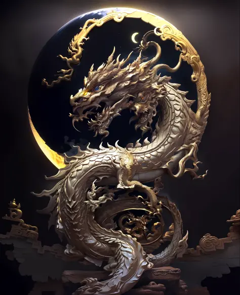a close up of a dragon statue with a full moon in the background, smooth chinese dragon, chinese dragon concept art, dragon art, loong, chinese dragon, majestic japanese dragon, dragon, a dragon, dragon centered, oil painting of dragon, god of dragons, lun...