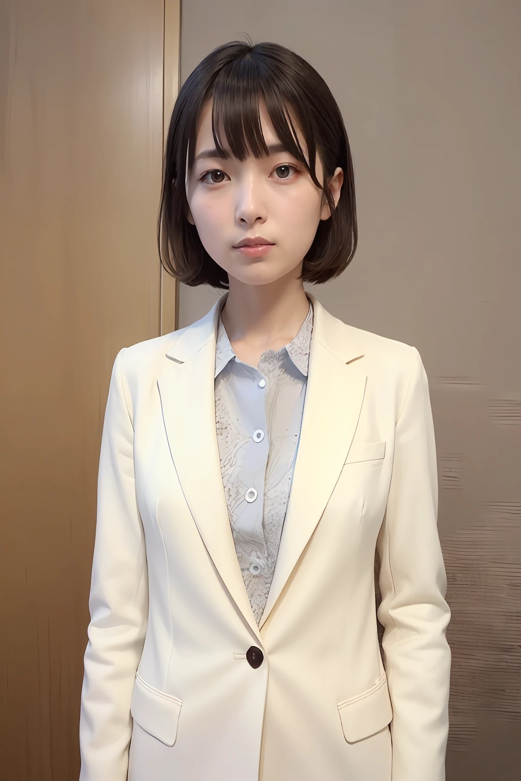 Top Quality, Ultra High Definition, (Photoreal: 1.4), ph_katou, Kato Dōdō, Katoud, 1 Girl, Solo, Brown Hair, Short Hair, Brown Eyes, Open Mouth, Bangs, Suit, Background Black