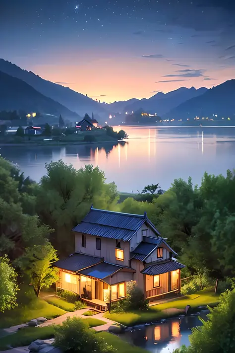 there is a small house on a small island in the middle of a lake, beautifully lit landscape, peaceful landscape, serene landscap...
