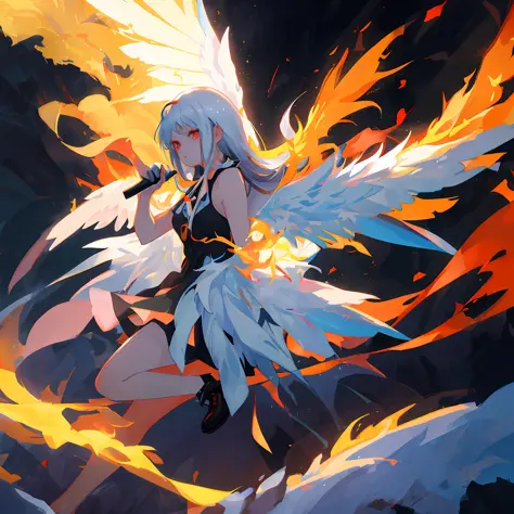 anime girl with white wings and a black dress holding a microphone, digital art on pixiv, trending on artstation pixiv, anime art wallpaper 8 k, by Yang J, with fiery golden wings of flame, artgerm and atey ghailan, cushart krenz key art feminine, anime ar...