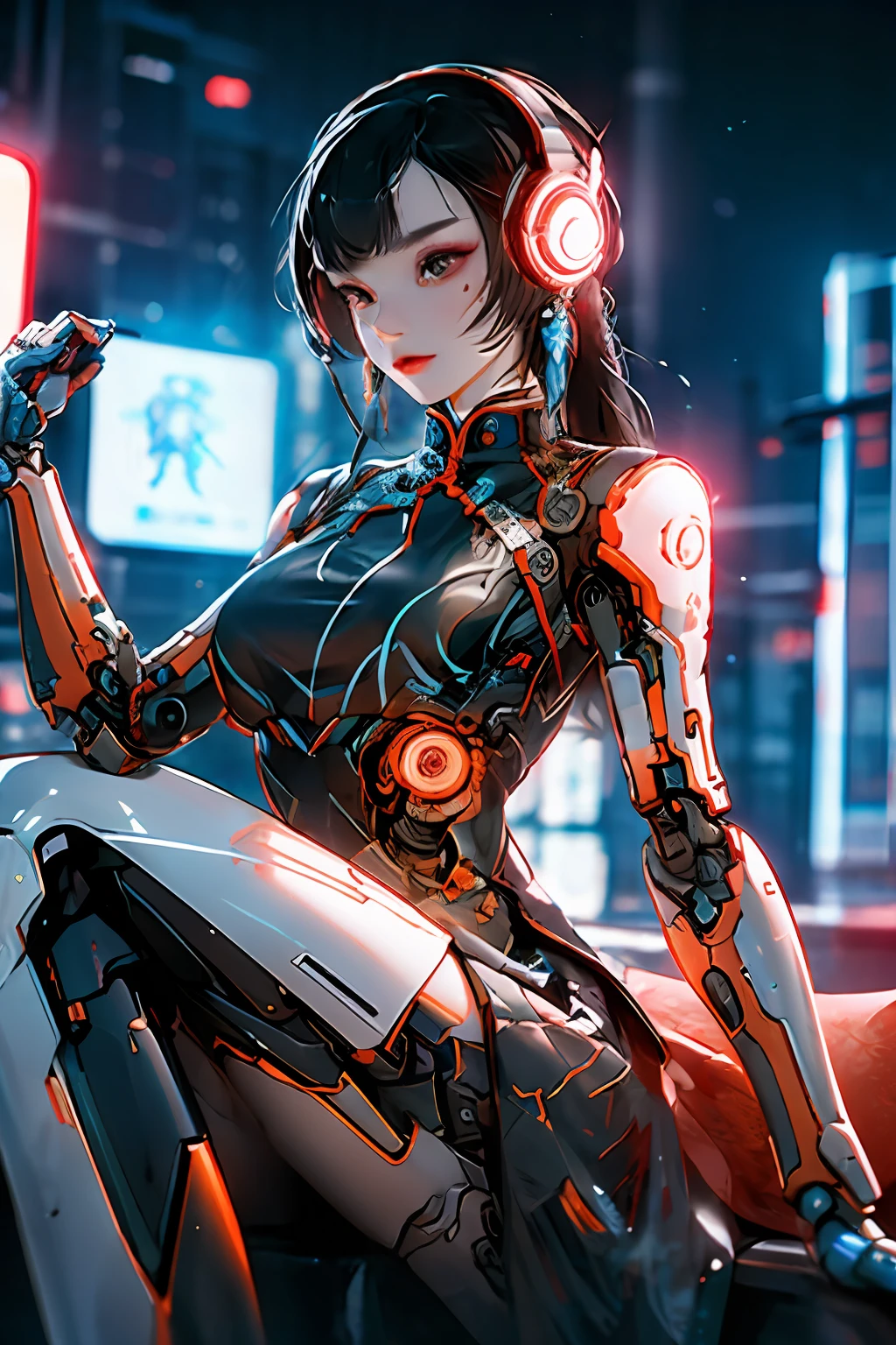 1 Girl, Chinese_clothes, black and orange, cyberhan, cheongsam, cyberpunk city, dynamic pose, glowing headphones, glowing hair accessories, long hair, glowing earrings, glowing necklace, cyberpunk, high-tech city, full of mechanical and futuristic elements, futurism, technology, glowing neon, orange, orange light, laser, digital background city sky, big moon, with vehicles, best quality, masterpiece, 8K, character edge light, super high detail, high quality, high quality, the most beautiful woman in man, a lot of advertising light box in the background