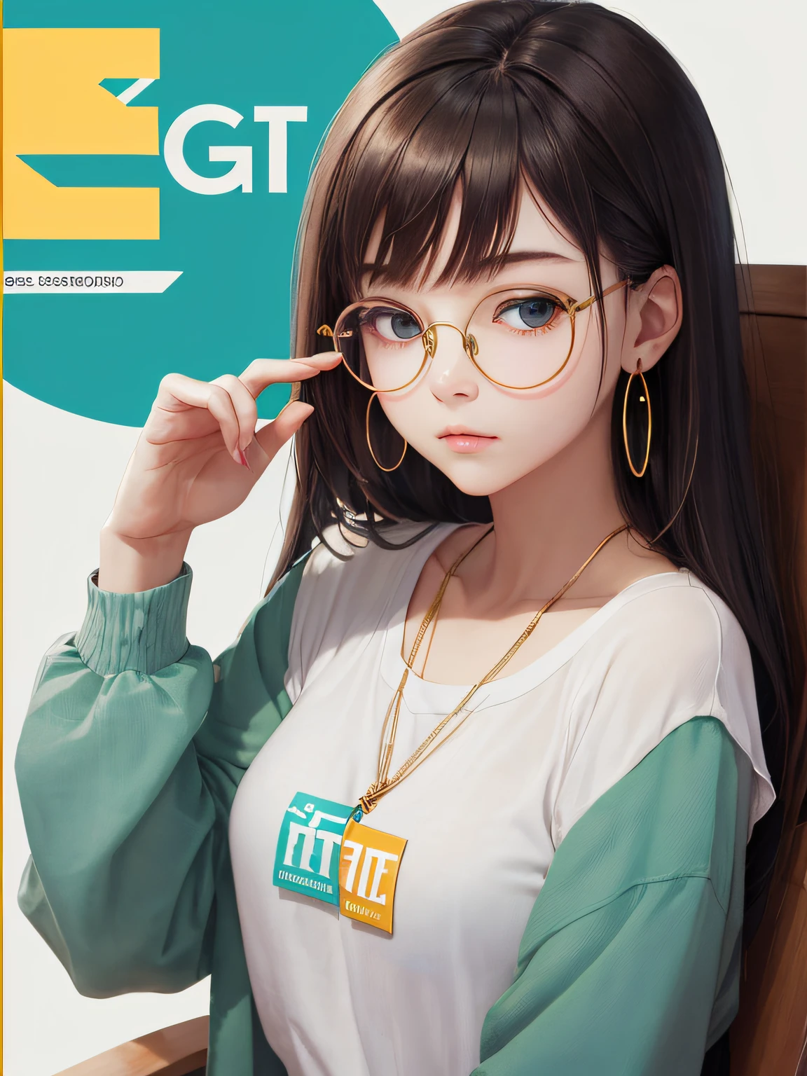 (Masterpiece, highest quality, super large resolution); (CG illustration); (a cute and cute girl); (sleepiness) (exhaustion); ((round-framed gold wire glasses)), (fashionable) (trendy); Rich colors, cyan, orange, yellow, green, cyan, blue, purple, fashion typography, magazine cover poster, hyper-detail, art, title, logo, label, badge, graphic design, detail post-processing, depth of field, high brightness, high saturation, more white space;