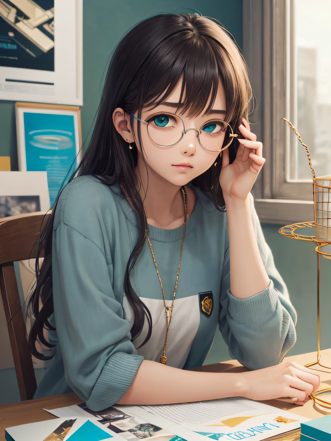 (傑作, 最高品質, 超大型解像度); (CGイラスト); (かわいくて可愛い女の子); (眠気) (疲労); ((ラウンドフレームのゴールドワイヤーグラス)), (ファッショナブル) (トレンド); 豊かな色彩, シアン, オレンジ, 黄色, 緑, シアン, 青, 紫, ファッションタイポグラフィ, 雑誌の表紙ポスター, 超詳細, 美術, タイトル, ロゴ, ラベル, バッジ, グラフィックデザイン, 詳細後処理, 被写界深度, 高輝度, 高い彩度, より多くの空白;