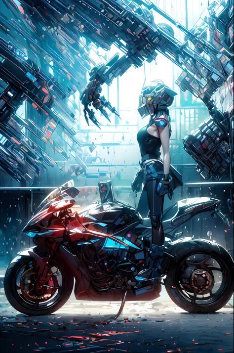 Red and blue, Optimus Prime,(1mechanical boy),solo,Cyberpunk city setting,Mech helmet, robot,A glowing mech,((ultra realistic de...