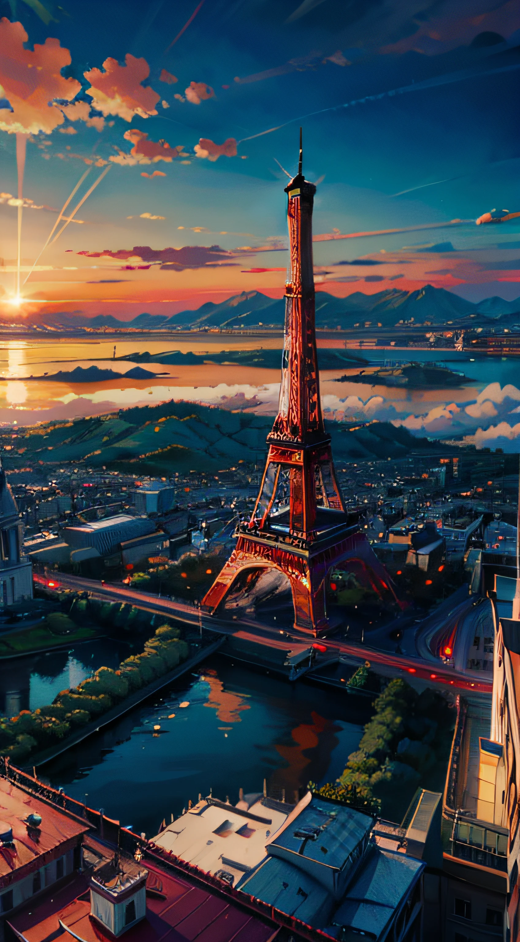 Masterpiece, best quality, sky, sun, clouds, Eiffel Tower, city complex, mountains, rivers, vistas