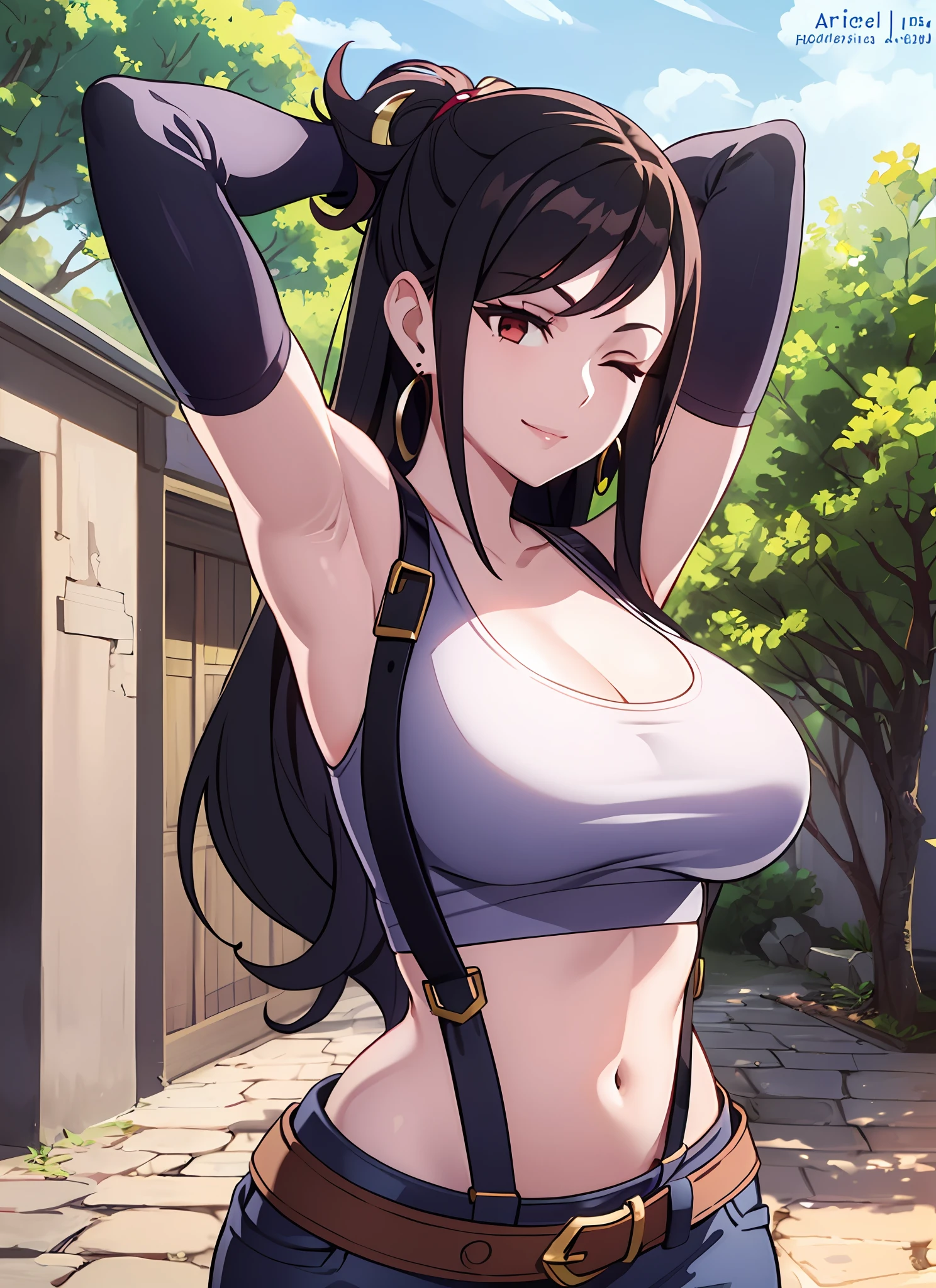 LWA tifa lockhart, 1girl, thick lips, arm up, armpits, artist name, belt, black hair, breasts, brown eyes, cleavage, closed mouth, collarbone, cowboy shot, crop top, earrings, elbow gloves, elbow pads, gloves, jewelry, large breasts, lips, long hair, low-tied long hair, midriff, navel, one eye closed, outdoors, skirt, smile, solo, stomach, suspenders, tank top, upper body, ((masterpiece))