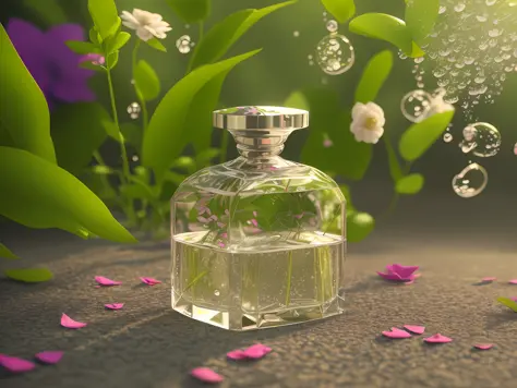A bottle of perfume, flowers, petals, grass, plants, leaves, vine winding, water drops, ray tracing, 3d art, depth of field, surreal, oc rendering, c4d, intricate details