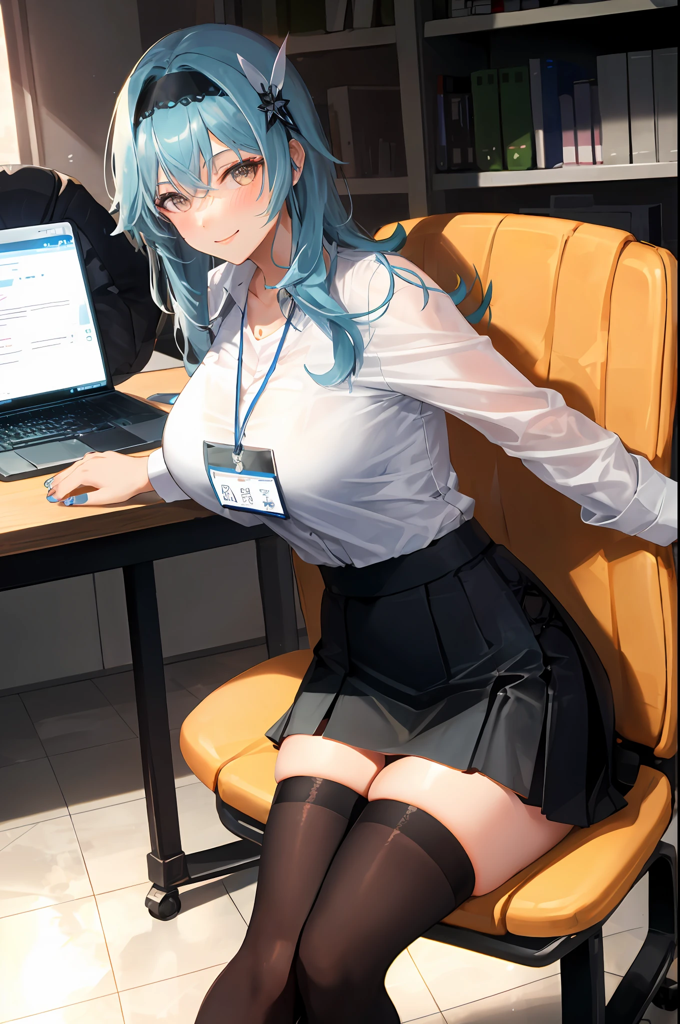 Eula, 1girl, solo, ((white shirt)), black thighhighs, breasts, cleavage, uniform, office background, black skirt, pleated skirt, office, hair between eyes, large breasts, long hair, looking at viewer, blue hair, blue short nails, solo, thighhighs, thighs, long hair, ((masterpiece)), sitting, chair, desk, computer on desk, name tag, id tag, indoor, golden hair clip, blush, sexy pose, smile,