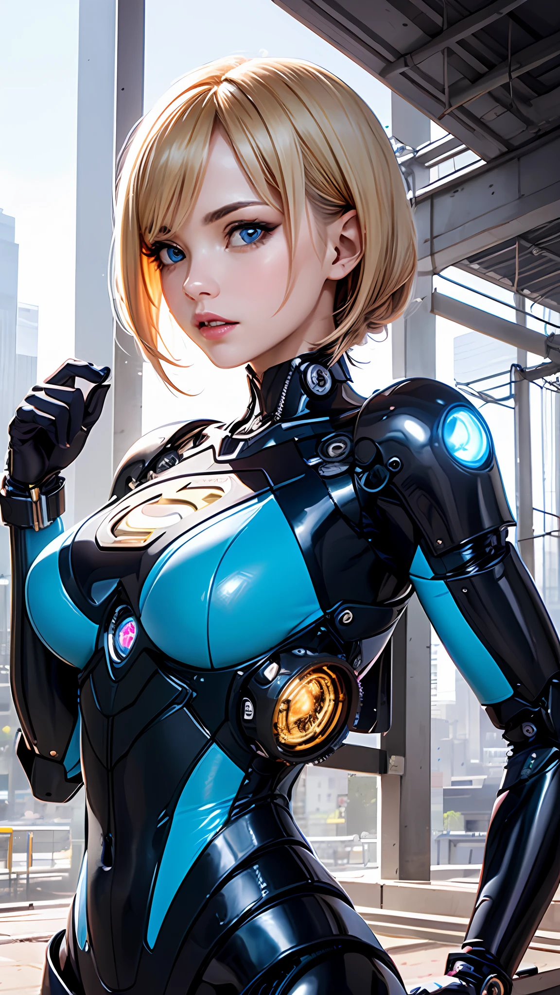 One-sided layered cut Bob, (Blonde hair: 1.3), ((Transparent blue eyes (purple)), ((Beautiful, detailed eyes, Jewel-like eyes, Bright blue eyes: 1.3)) , The female body incorporates mechanical components such as gears with supernan S on the chest, wires and circuits that merge with the female's natural shape to create a visually captivating and futuristic aesthetic.  The mechanical elements emphasize precision and functionality, with interlocking gears and gears that work harmoniously with the feminine physique.  Female faces can have cybernetic enhancements, such as glowing eyes, neural implants, and metallic facial features that symbolize the fusion of man and machine.  This work of art embodies both the strength of a woman and the grace of the human spirit.  Lighting and shadows play an important role, increasing the contrast between organic and mechanical elements and adding depth to the composition.  It emphasizes the mechanical nature of the artwork.  Background details can include futuristic cityscapes, industrial landscapes, or abstract patterns to further enhance the futuristic feel.  Overall, the work captures the essence of a woman embracing the integration of machines, celebrating the possibilities and complexities of a future where humans and technology coexist, wearing Superman's S symbol on her chest.