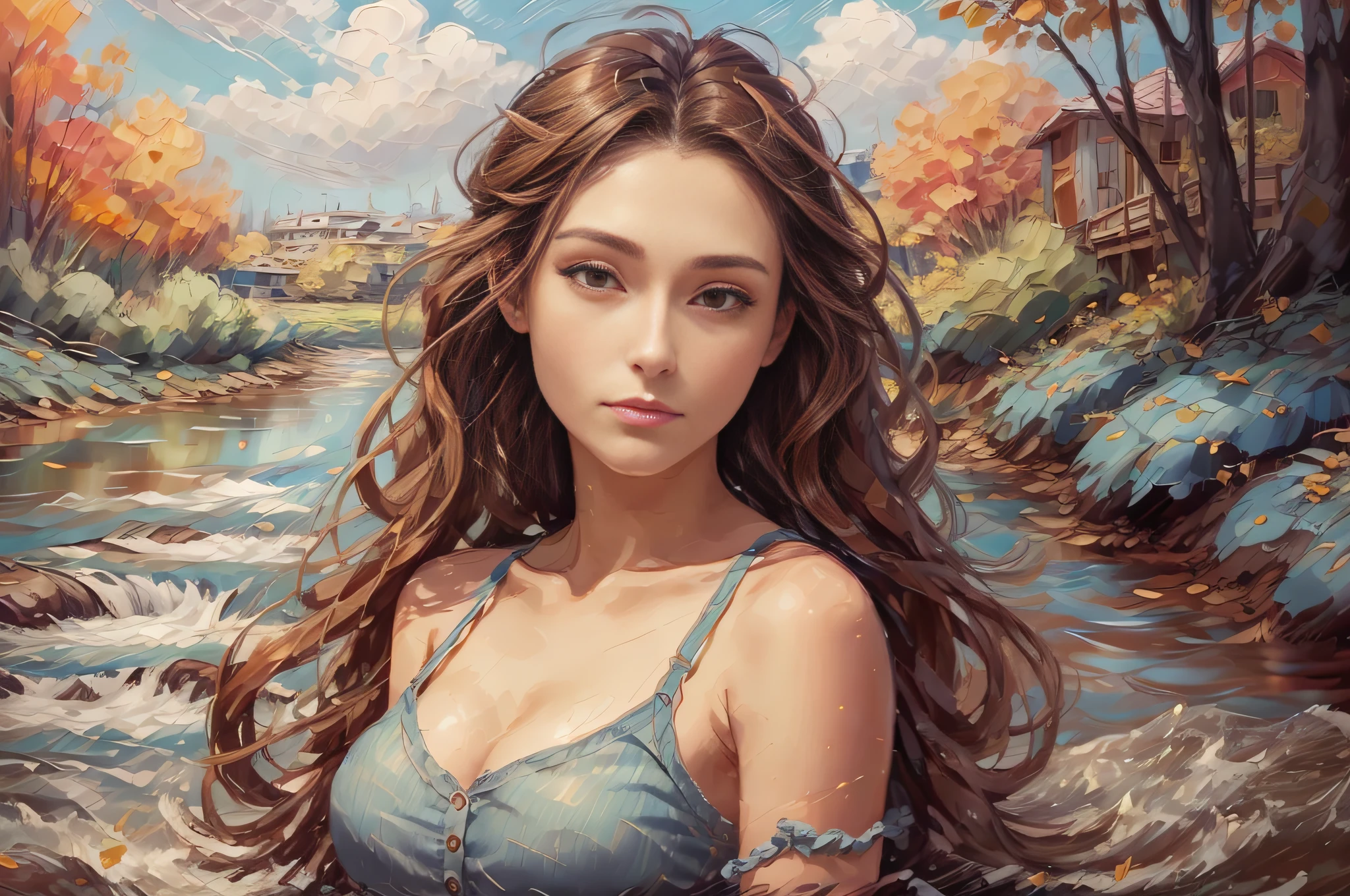 impasto art, artstyle, illustration, masterpiece, extremely detailed wallpaper, best quality, (wind:1.2), lady, skyblue buttoned shirt, denim, camisole, long hair, braided hair, brown hair, (in the riverbank:1.2), small breast, summer day, clavicle, cleavage,