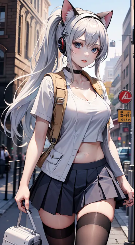 A girl, (adult female: 1.21), white short sleeves, with a white helmet, (collarbone: 1.1), (white vest: 1.11), (belly button), (white long hair: 1.1), ponytail, black eyes, Pleated skirts, skirts, busts, dove circles, carrier pigeons, cat helmets, Band-Aid...