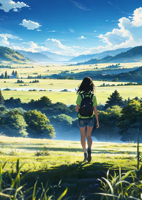 The vast sky, the large grassland, the moving visual effects, the colorful natural light, and in the distance in the middle of the meadow is a girl with a backpack and shorts.