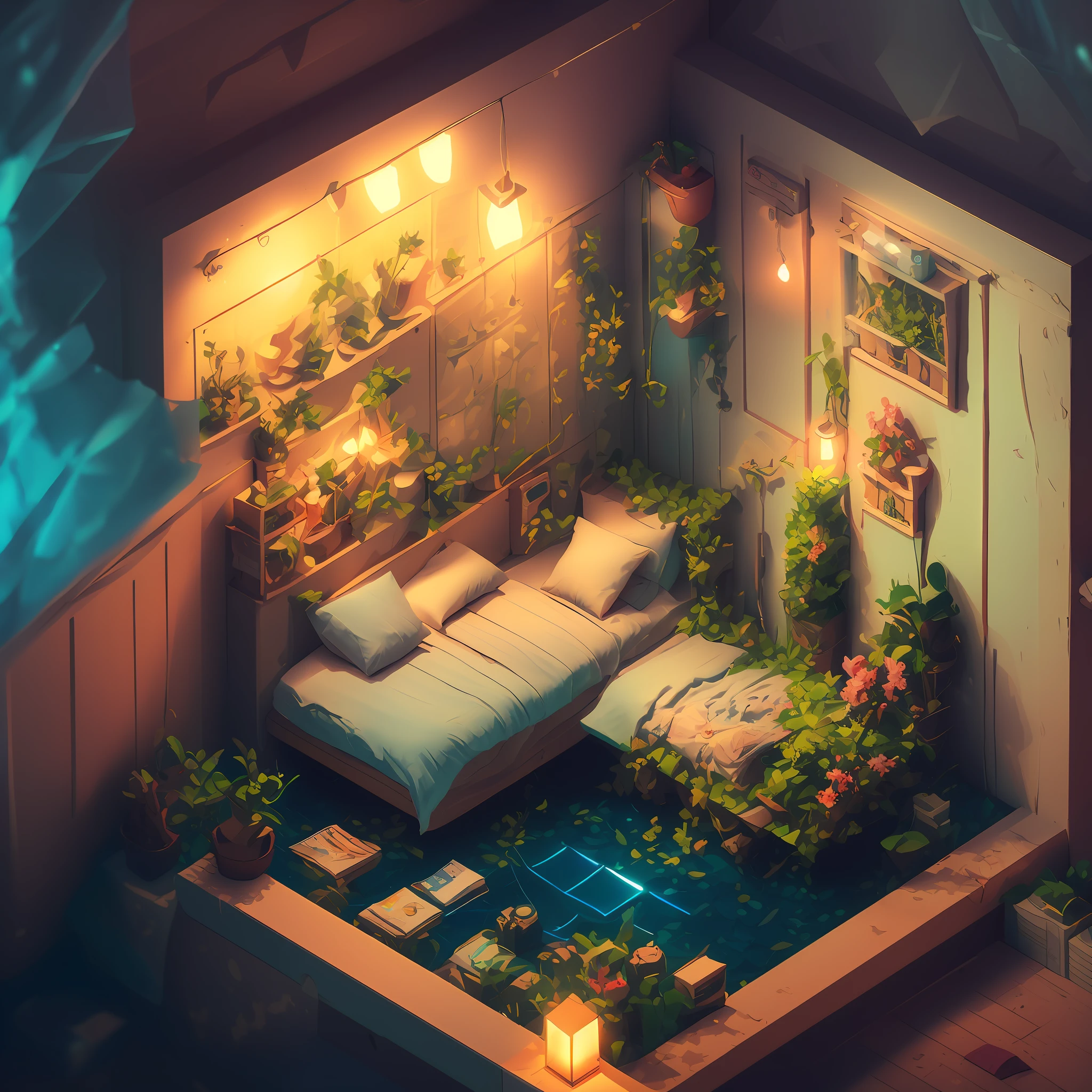 a room with a bed and a desk in it, a low poly render, inspired by Cyril Rolando, pixel art, beautiful isometric garden, underwater in the ocean at night, small and cosy student bedroom, inside a child's bedroom, organic isometric design, portfolio illustration, cute detailed artwork, beeple rendering, blurred and dreamy illustration