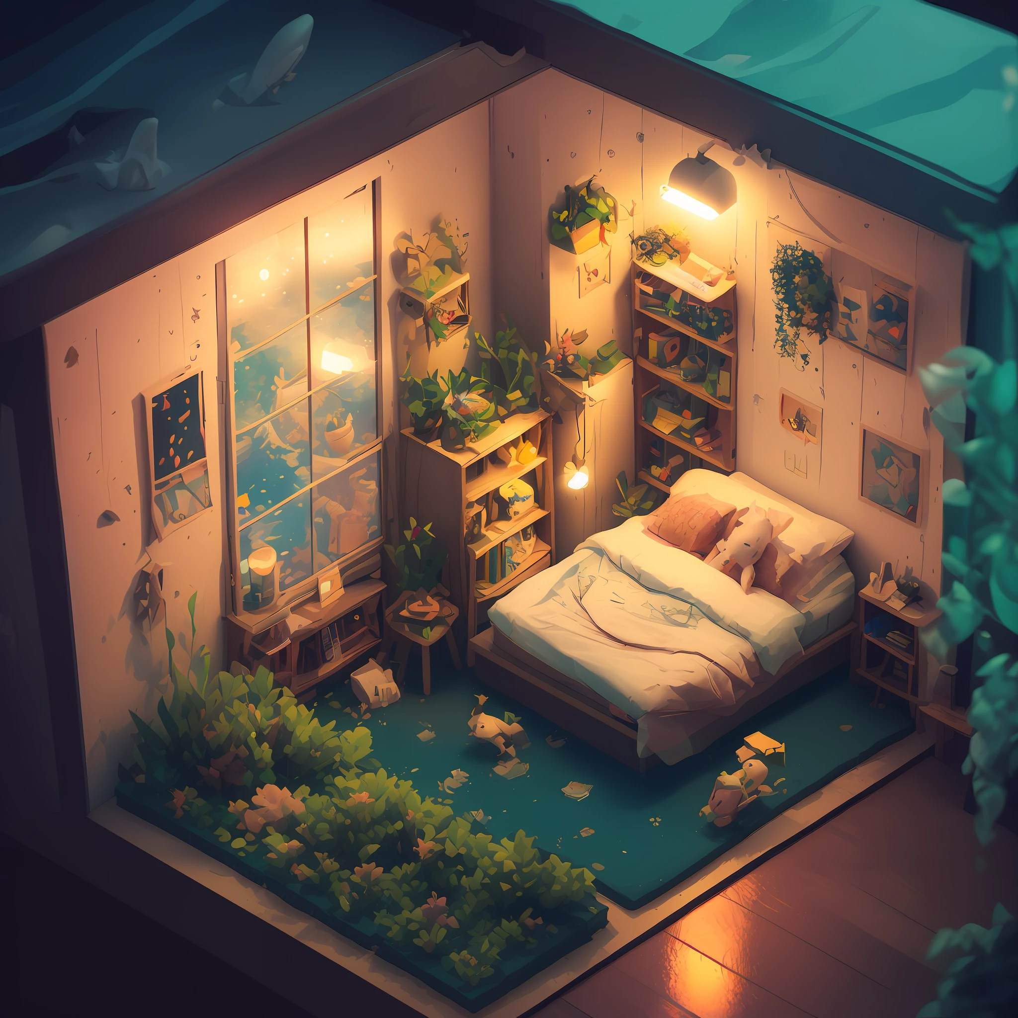 a room with a bed and a desk in it, a low poly render, inspired by Cyril Rolando, pixel art, beautiful isometric garden, underwater in the ocean at night, small and cosy student bedroom, inside a child's bedroom, organic isometric design, portfolio illustration, cute detailed artwork, beeple rendering, blurred and dreamy illustration