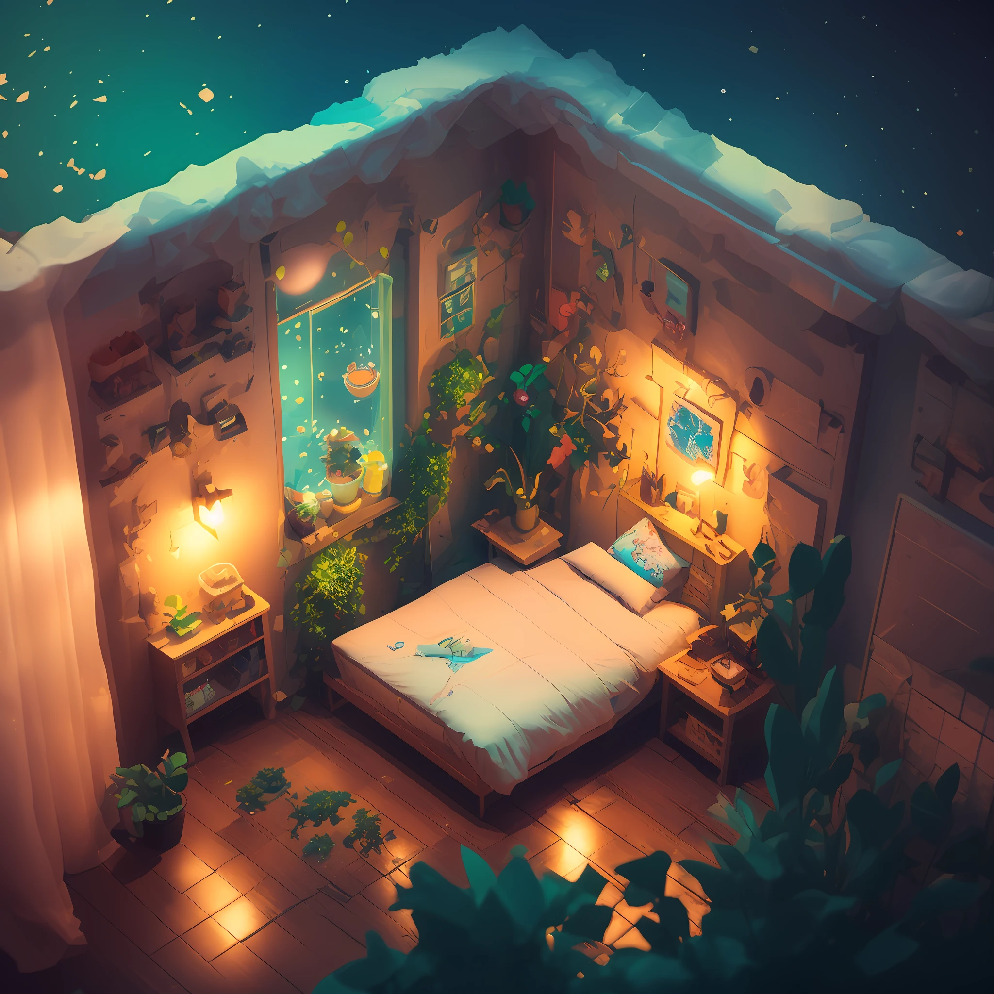 a room with a bed and a desk in it, a low poly render, inspired by Cyril Rolando, pixel art, beautiful isometric garden, underwater in the ocean at night, small and cosy student bedroom, inside a child's bedroom, organic isometric design, portfolio illustration, cute detailed artwork, beeple rendering, blurred and dreamy illustration