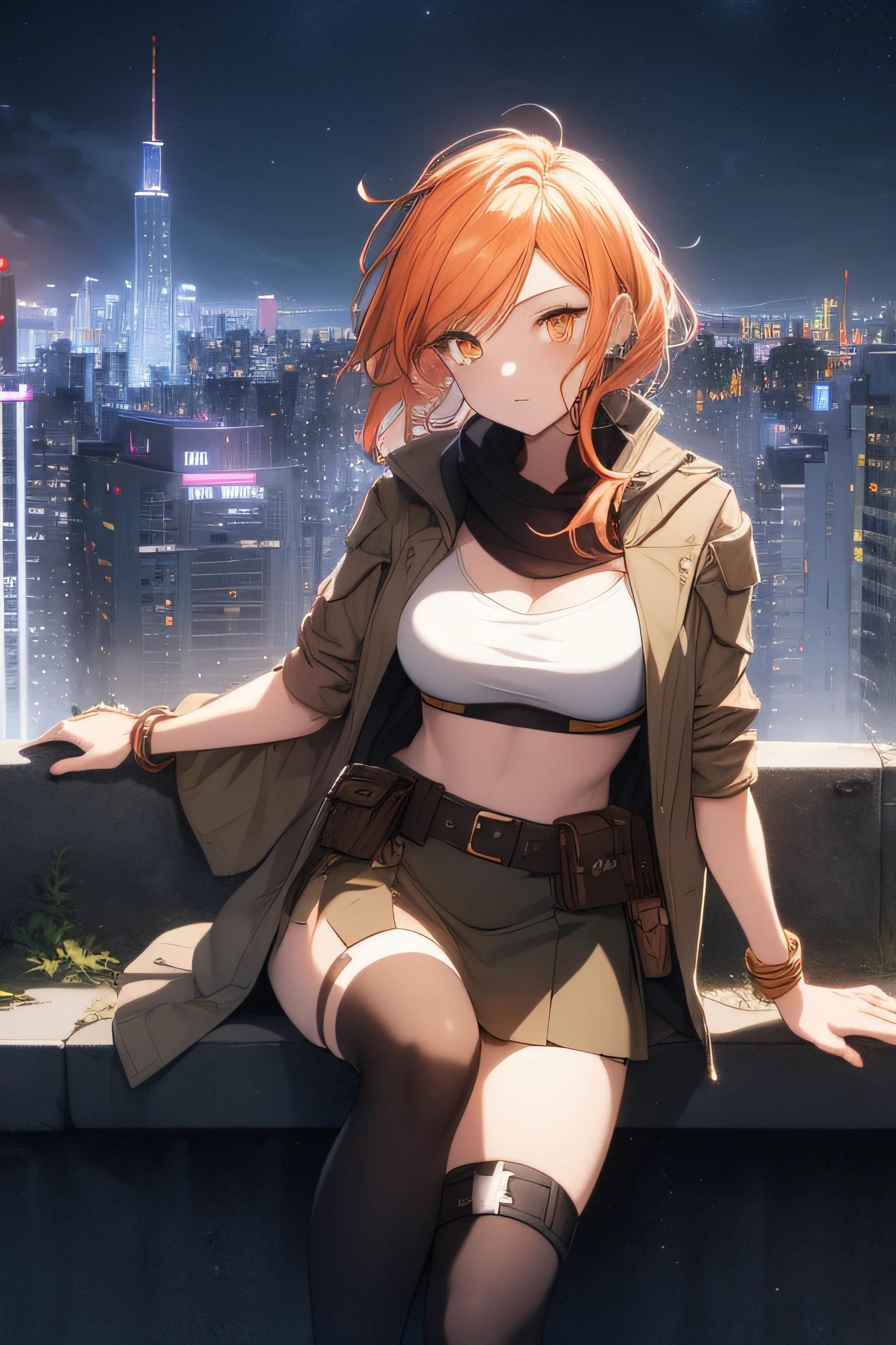 orange eyes light,richly faded light orange hair, anime 1girl, no skirt, brown military boots, pouch on the waist belt, khaki bikini, "black tights", "dark_orange knee pad on right leg",( night city:1.4), black long cloak, (good hand:1.5 ) good legs, (Good face: 1.5), 1girl, best hand, no worst hand. without clothes, in big city, khaki t-shirt, best face, very good face, best eyes, best anatomy,