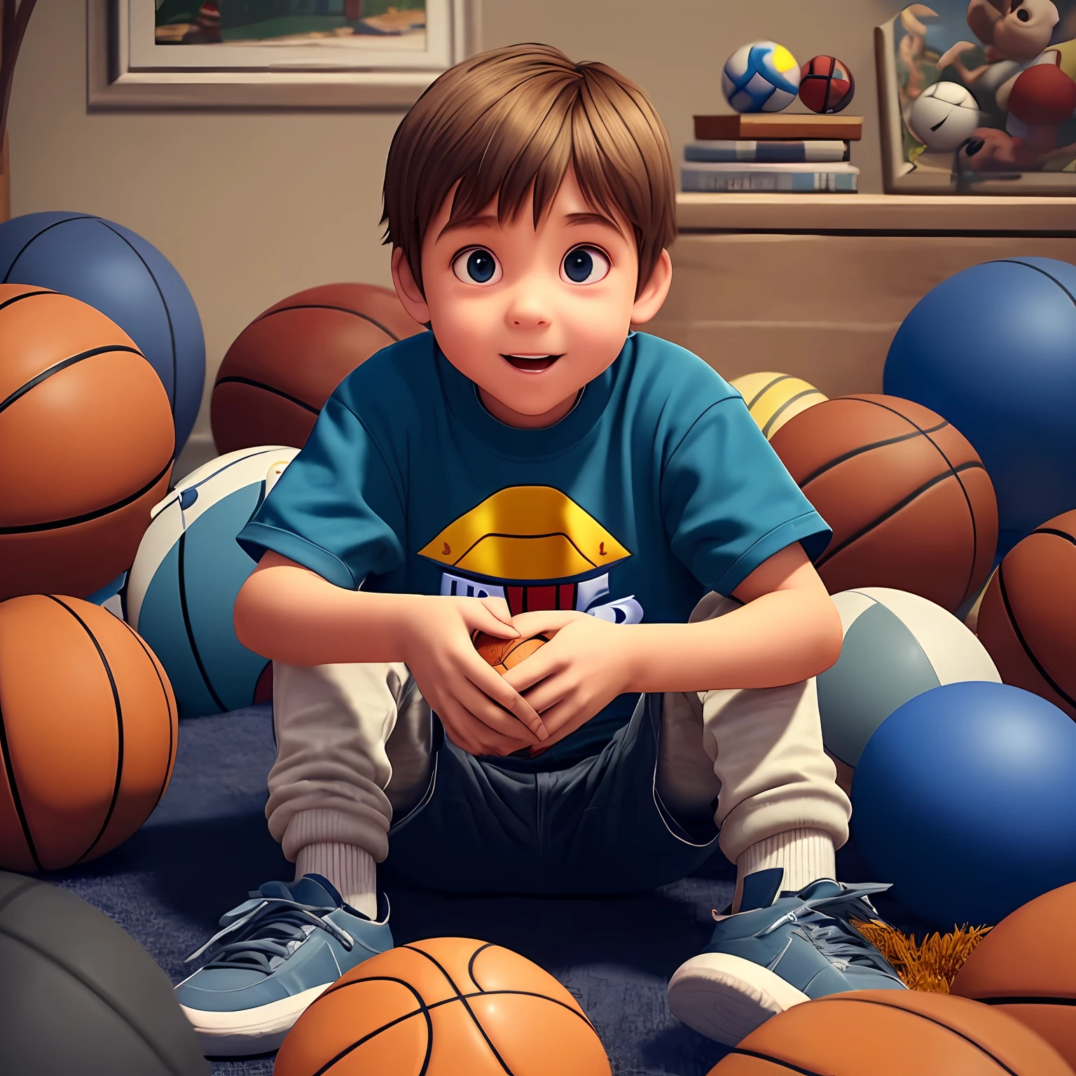 Niño pequeño visto de frente sentado en la habitación, rodeado de muchas pelotas de baloncesto, estilo pixar, estilo 3D, estilo disney, 8k, lindo --auto