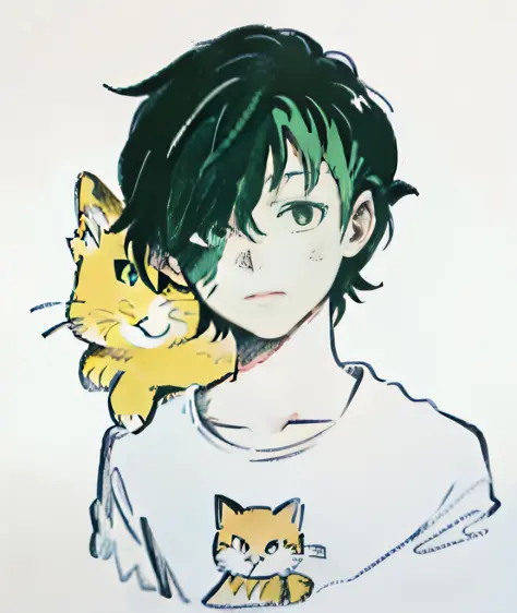 cartoon picture of a man with green hair and a cat, anime style, anime style, 2 d anime style, as anime character, anime style c...