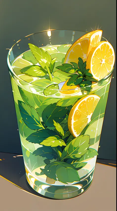 isometric, mojito, mint, lemon, jelly, glass, flower, pixel art, rich detail, hd 8k