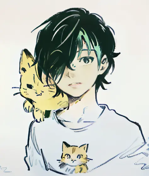 cartoon picture of a man with green hair and a cat, anime style, anime style, 2 d anime style, as anime character, anime style c...