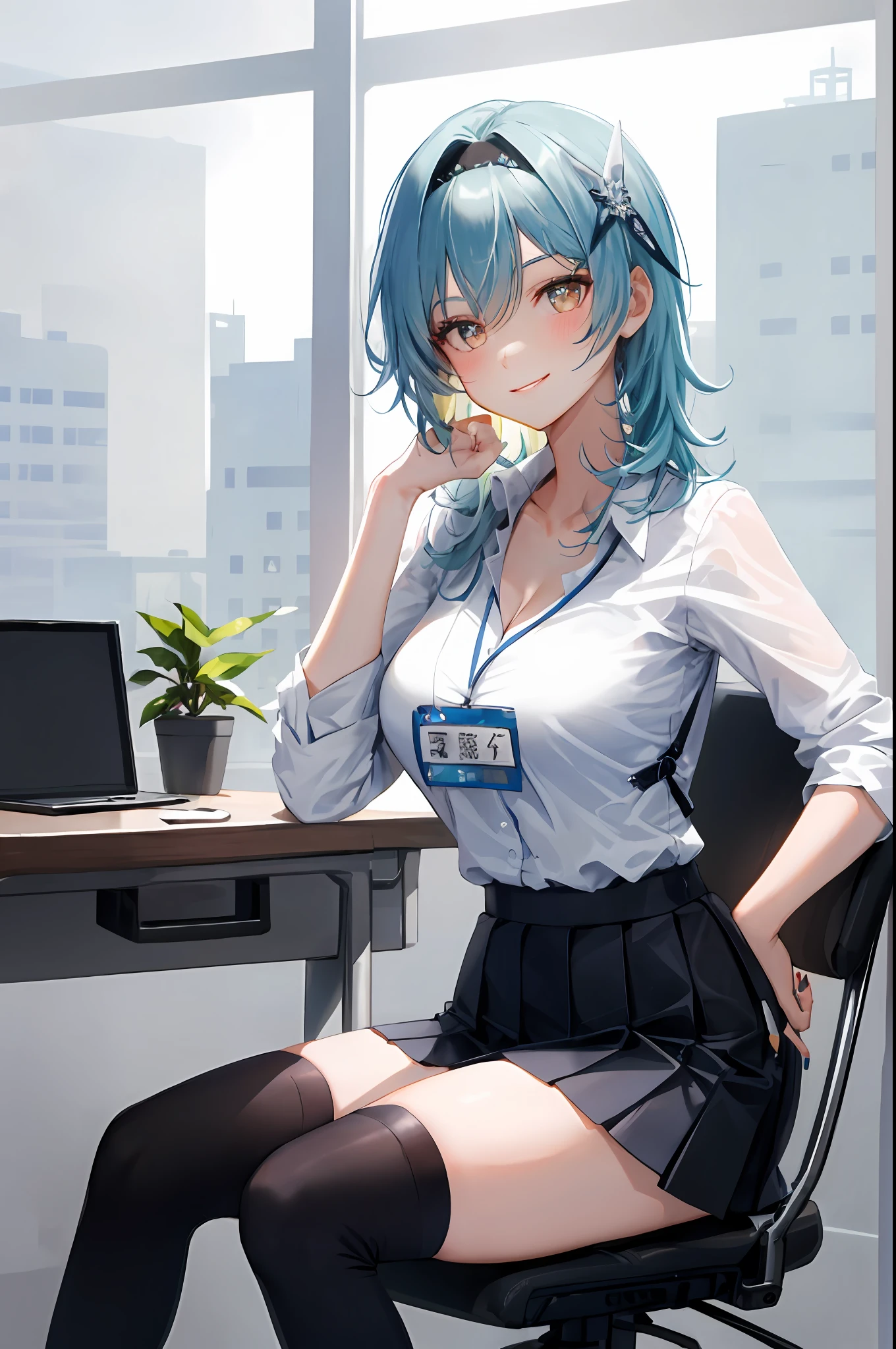 Eula, 1girl, solo, ((white shirt)), black thighhighs, breasts, cleavage, uniform, office background, black skirt, pleated skirt, office, hair between eyes, large breasts, long hair, looking at viewer, blue hair, blue short nails, solo, thighhighs, thighs, long hair, ((masterpiece)), sitting, chair, desk, computer on desk, name tag, id tag, indoor, golden hair clip, blush, sexy pose, smile,