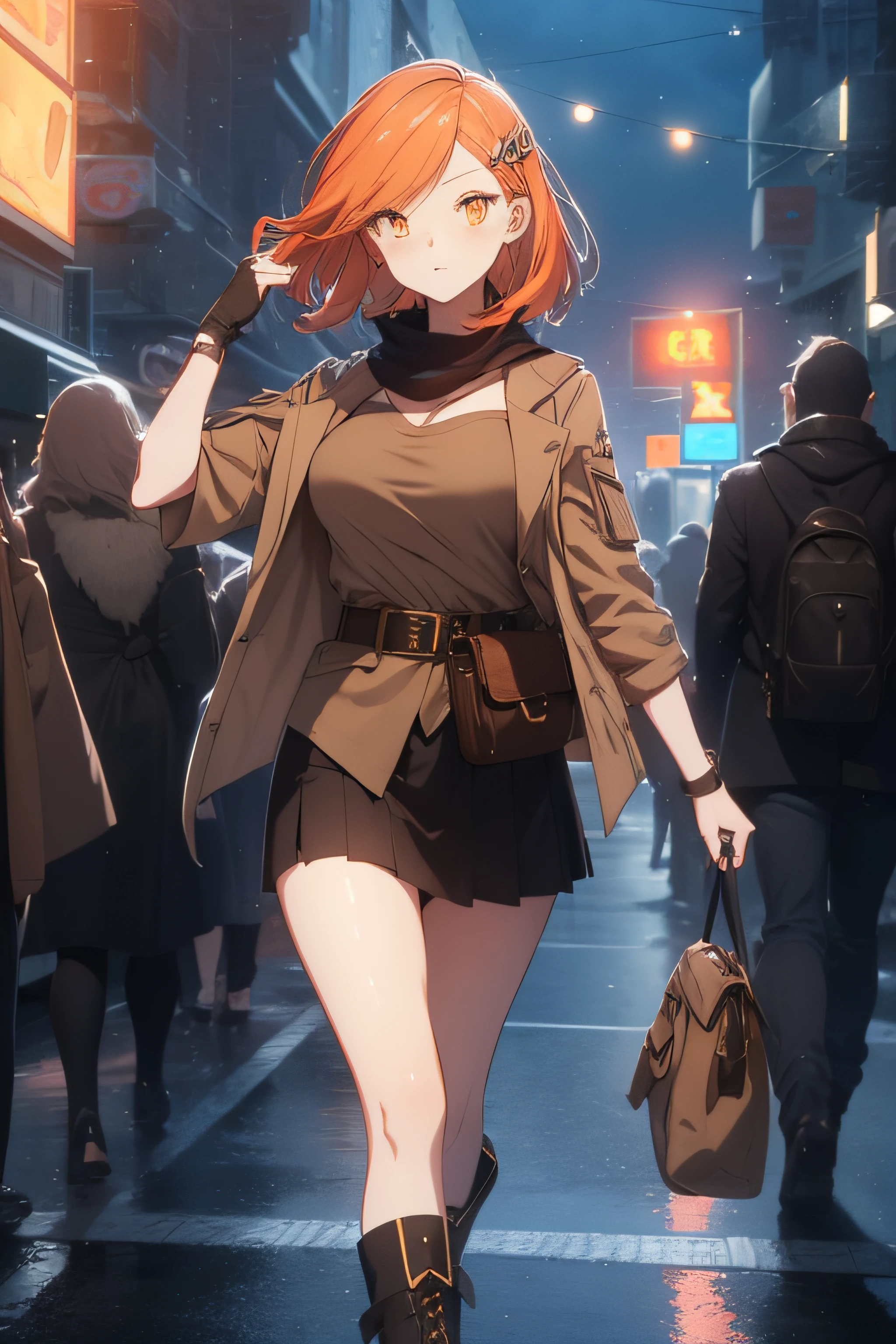 orange eyes light,richly faded light orange hair, anime 1girl, no skirt, brown military boots, pouch on the waist belt, khaki bikini, "black tights", "dark_orange knee pad on right leg",( night city:1.4), black long cloak, (good hand:1.5 ) good legs, (Good face: 1.5), 1girl, best hand, no worst hand. without clothes, in big city, khaki t-shirt, best face, very good face, best eyes, best anatomy,walk  in the night Street