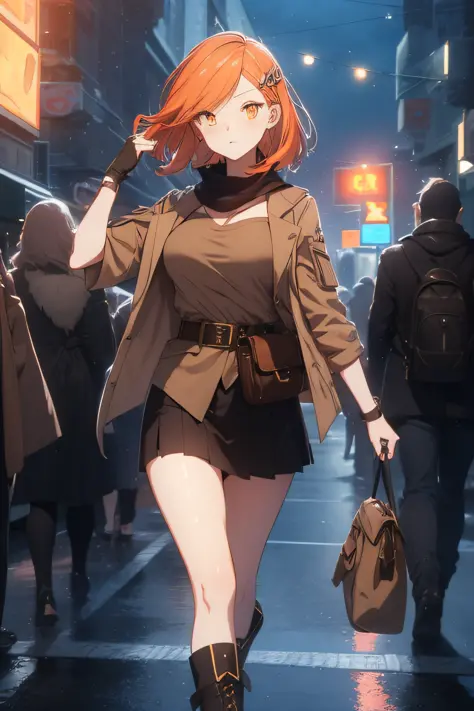 orange eyes light,richly faded light orange hair, anime 1girl, no skirt, brown military boots, pouch on the waist belt, khaki bi...