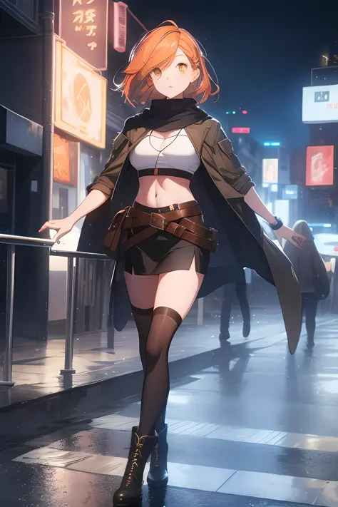 orange eyes light,richly faded light orange hair, anime 1girl, no skirt, brown military boots, pouch on the waist belt, khaki bi...