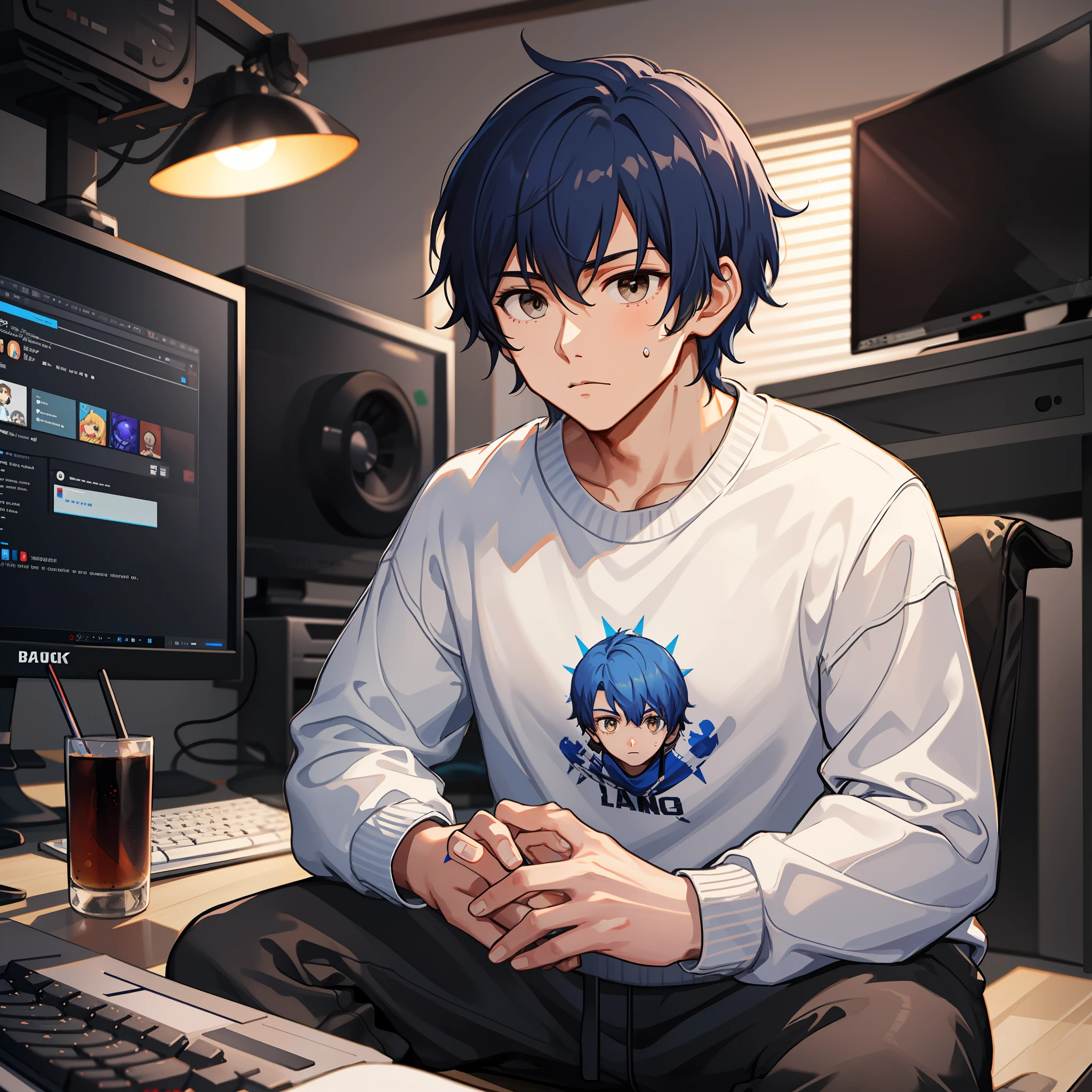 "Un chico con corto, ondulado, pelo azul real, con una sudadera blanca y pantalones de chándal negros, sentado frente a una computadora para juegos, Ojos café oscuro."