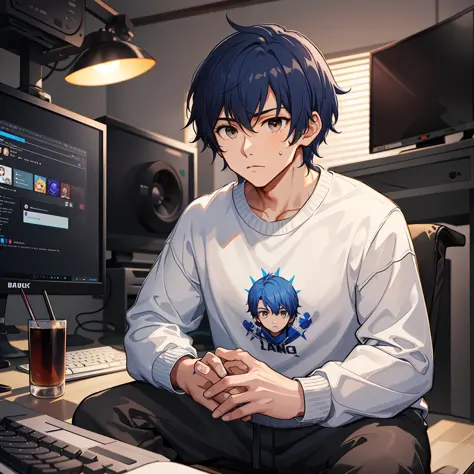 "A boy with short, wavy, royal blue hair, wearing a white sweatshirt and black sweatpants, sitting in front of a gaming computer...