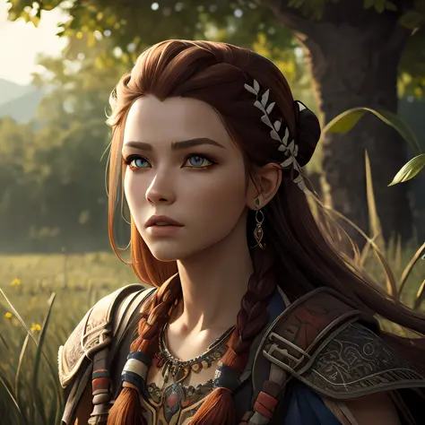masterpiece, best quality, octane rendering, intricate details, aloy, crazy detailed eyes, perfect face, hair beads, wide portra...