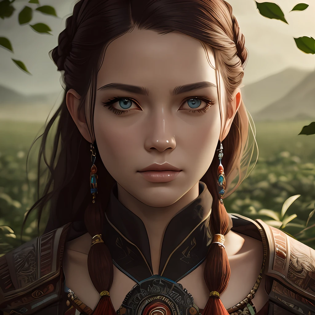 masterpiece, best quality, octane rendering, intricate details, aloy, crazy detailed eyes, perfect face, hair beads, wide portrait, open field, sparse vegetation, --auto