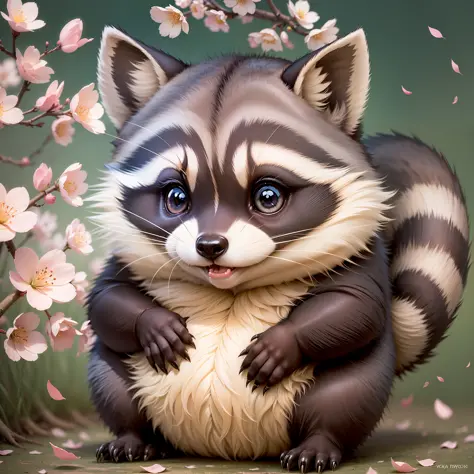 a tiny adorable raccoon ofering a flower, sakura bloomed background, pixar  style, fantasy, epic scene - SeaArt AI