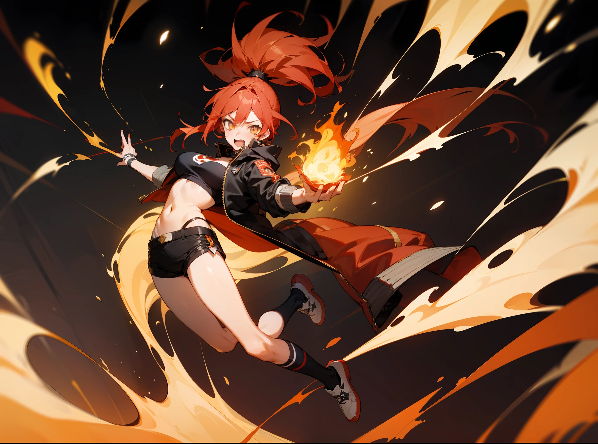 (best quality), {masterpiece}, {very detailed}, {super detailed}, {high resolution}, {absurd}, 1 girl, solo, anime, full body shooting, (black and red punk jacket clothes, black shorts, leg loops, black asymmetric socks, golden eyes), (red high ponytail, fire hair, red hair), black background, fire particles, (fine beautiful face and eyes), crazy laugh, (bare belly), cowboy shot, ((full body)), big breasts, hearty, jumping, bending legs, dynamic, (Delicate depiction of golden eyes)
,