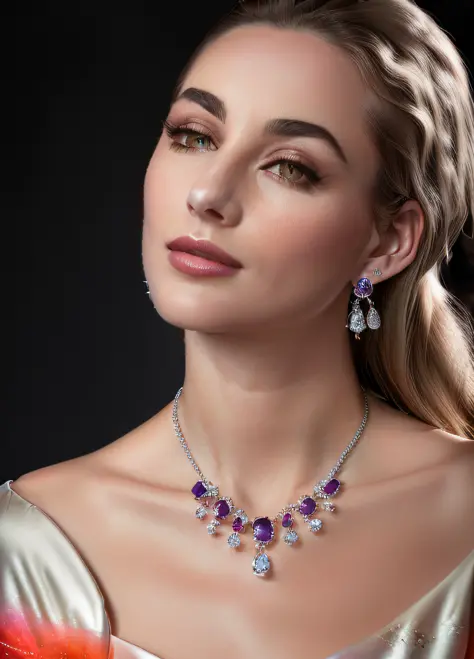 arafed woman wearing a necklace and earrings with a diamond pendant, wearing elegant jewellery, luxurious neckless, jewelry photography, gleaming silver and rich colors, hints of silver jewelry, adorned with precious stones, jewels, jeweled choker, purple ...