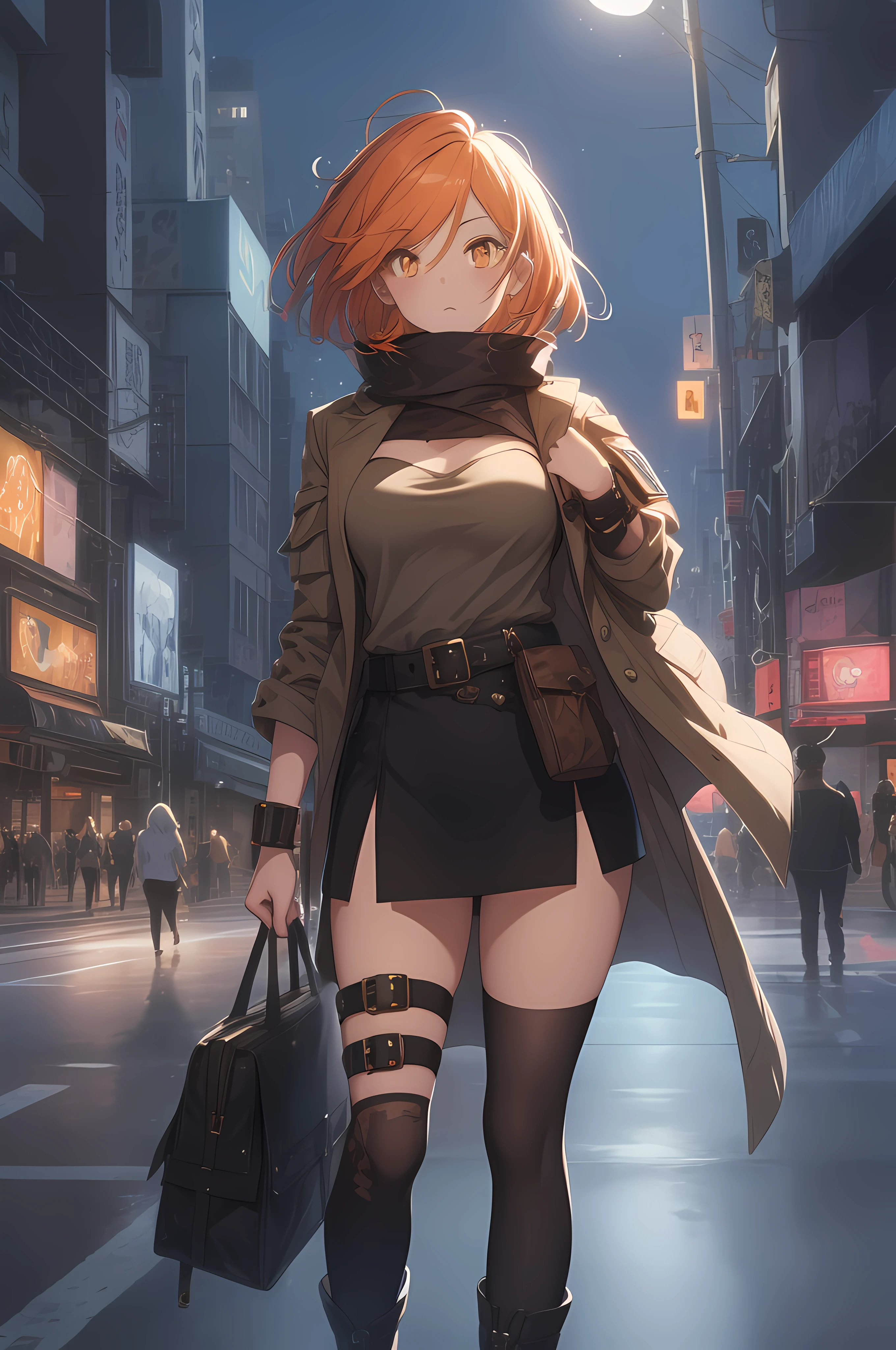 orange eyes light,richly faded light orange hair, anime 1girl, no skirt, brown military boots, pouch on the waist belt, khaki bikini, "black tights", "dark_orange knee pad on right leg",( night city:1.4), black long cloak, (good hand:1.5 ) good legs, (Good face: 1.5), 1girl, best hand, no worst hand. without clothes, in big city, khaki t-shirt, best face, very good face, best eyes, best anatomy,walk  in the night Street