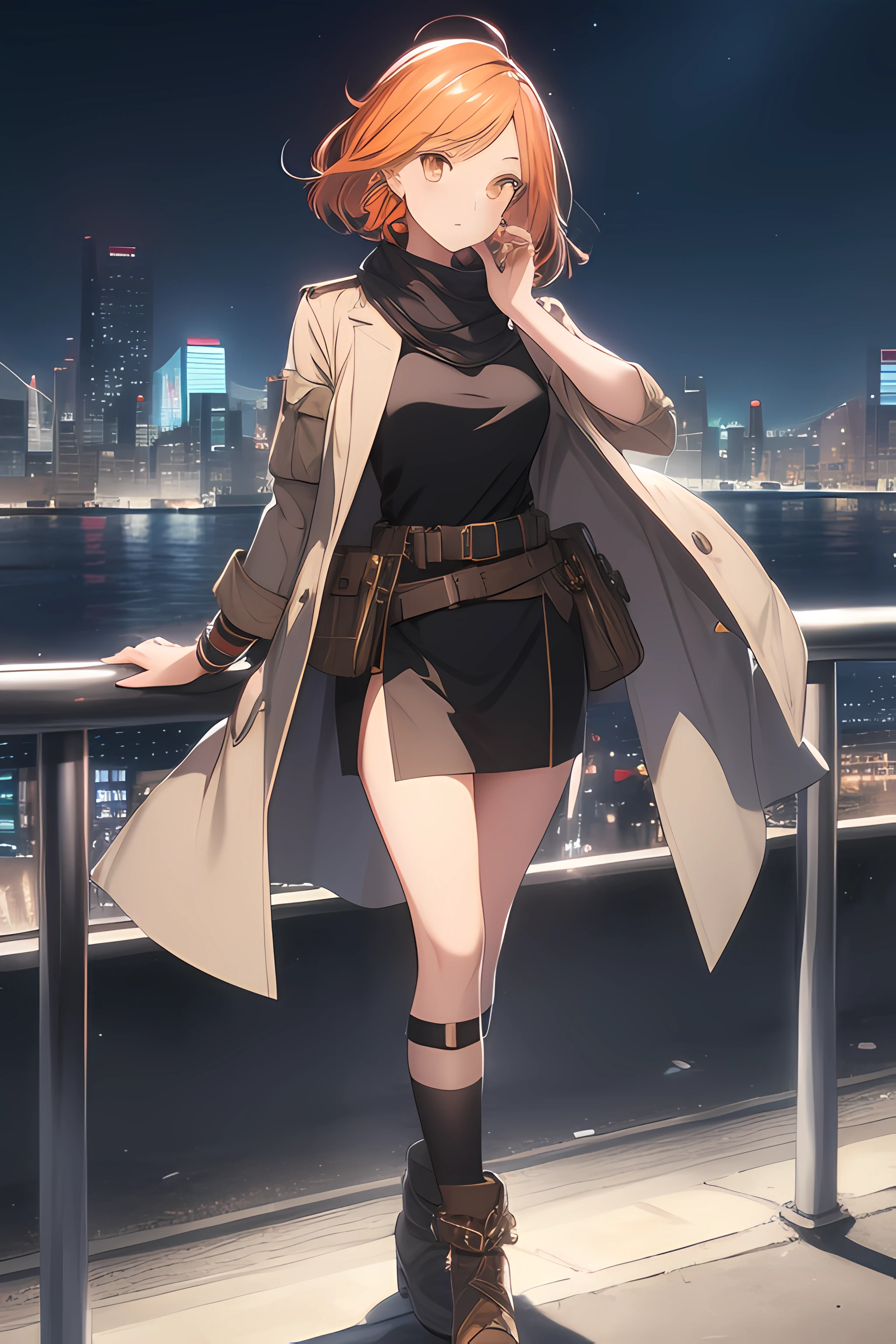 orange eyes light,richly faded light orange hair, anime 1girl, no skirt, brown military boots, pouch on the waist belt, khaki bikini, "black tights", "dark_orange knee pad on right leg",( night city:1.4), black long cloak, (good hand:1.5 ) good legs, (Good face: 1.5), 1girl, best hand, no worst hand. without clothes, in big city, khaki t-shirt, best face, very good face, best eyes, best anatomy,walk  in the night Street