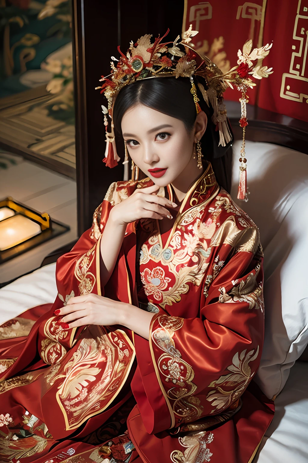 (ultra realistic 8k CG:1.2),perfect artwork,delicate pattern,intricate detail, (unparalleled masterpiece,best quality:1.2),(extremely intricate:1.2),a woman in a red and gold dress, Phoenix crown,hair stick,(sitting on red bed),Cosmetic,blush,shy,black_hair, looking down, Cosmetic,(forehead dot),(2 red candles), chinese_clothes, curtains, earrings, hair_ornament, hanfu, indoors, jewelry, red nails, long_sleeves, red dress, red lips, tassel, (Red quilt),(red palace:1.2),(ancient Chinese architecture),(red:1.8),night