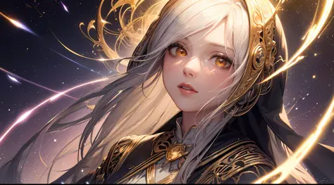 (masterpiece, top quality, best quality, official art, beautiful and aesthetic:1.2), (1girl), extreme detailed, (fractal art:1.3), colorful, highest detailed, perfect face, upper body, HDR, (praying:1.3), (white cloak golden lines:1.2), galaxy, (light stre...