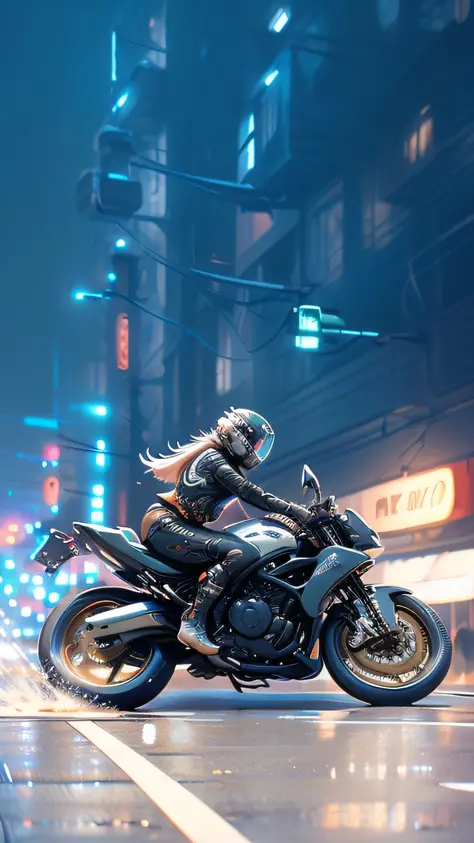 Best quality, masterpiece, high quality, realism, fine detail, super high resolution, wide angle dynamic action shooting, 1 girl riding a motorcycle in a helmet, riding a motorcycle on the road, riding on the road, moving motorcycle, mechanical body, mecha...