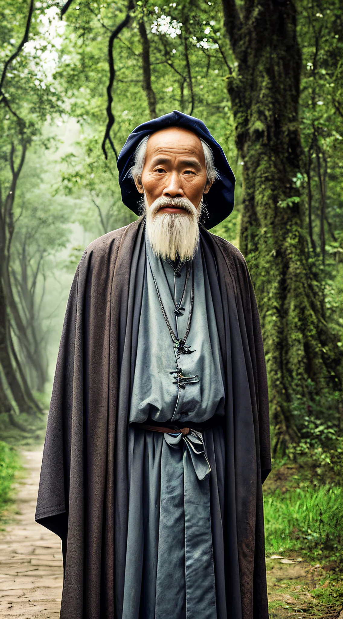 Portrait photography style, world masterpiece, super unique high professional digital art, film format, hyper-realism, color cinematography with ultra-fine details and quality, background is deep in the forest, an old man in rural China, an old man with wisdom. He wears an old cloak and his eyes are kind and shrewd. His skin has been blackened and powerful by the sun and rain, and the wrinkles are fixed on the corners of his mouth and forehead, making it seem that his years have precipitated. Although wearing a dark gown, although simple in appearance, it exudes sublime wisdom and a sense of tenacity of strength.