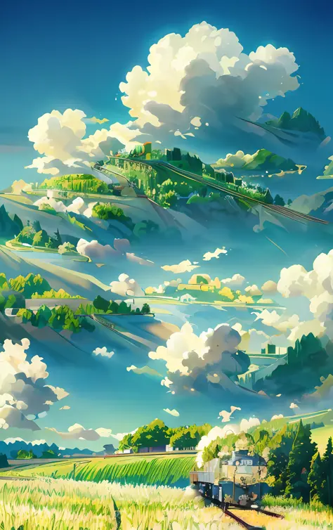there is a train that is going down the tracks in the field, anime countryside landscape, made of tree and fantasy valley, scenery art detailed, beautifull puffy clouds. anime, detailed scenery —width 672, anime landscape wallpaper, anime landscape, studio...