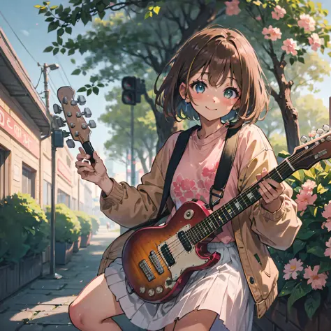 (Masterpiece), (Best Quality), (Super Detail), (Full Body: 1.2), 1 Girl, Chibi, Cute, Smile, Closed Mouth, Outdoor, Play Guitar,...