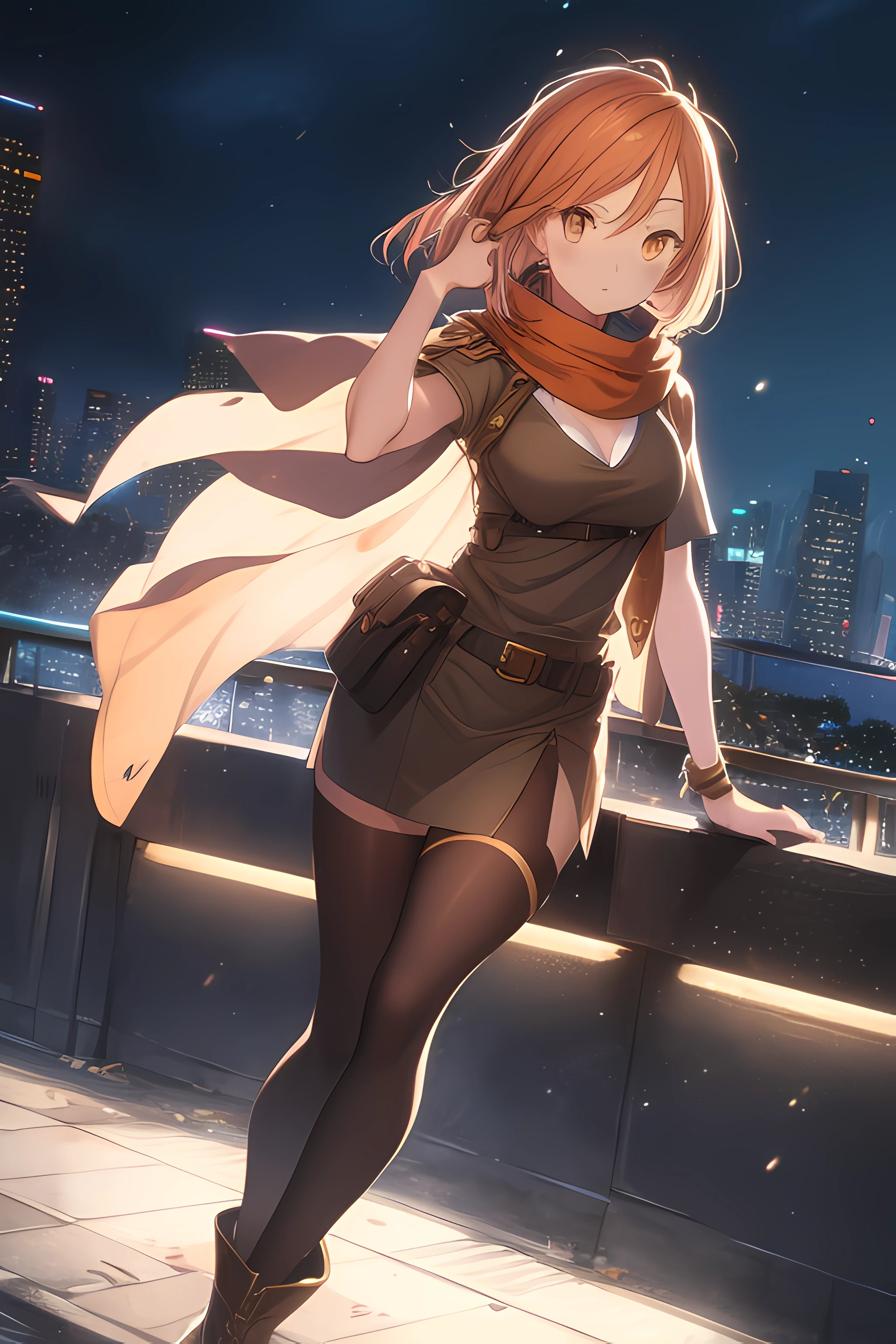 orange eyes light,richly faded light orange hair, anime 1girl, no skirt, brown military boots, pouch on the waist belt, khaki bikini, "black tights", "dark_orange knee pad on right leg",( night city:1.4), black long cloak, (good hand:1.5 ) good legs, (Good face: 1.5), 1girl, best hand, no worst hand. without clothes, in big city, khaki t-shirt, best face, very good face, best eyes, best anatomy,walk  in the night Street