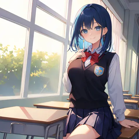 a drawing of a young woman in black school outfit sitting by a window, 1girl, solo,  shirt, indoors, skirt, breasts, blue eyes, ...