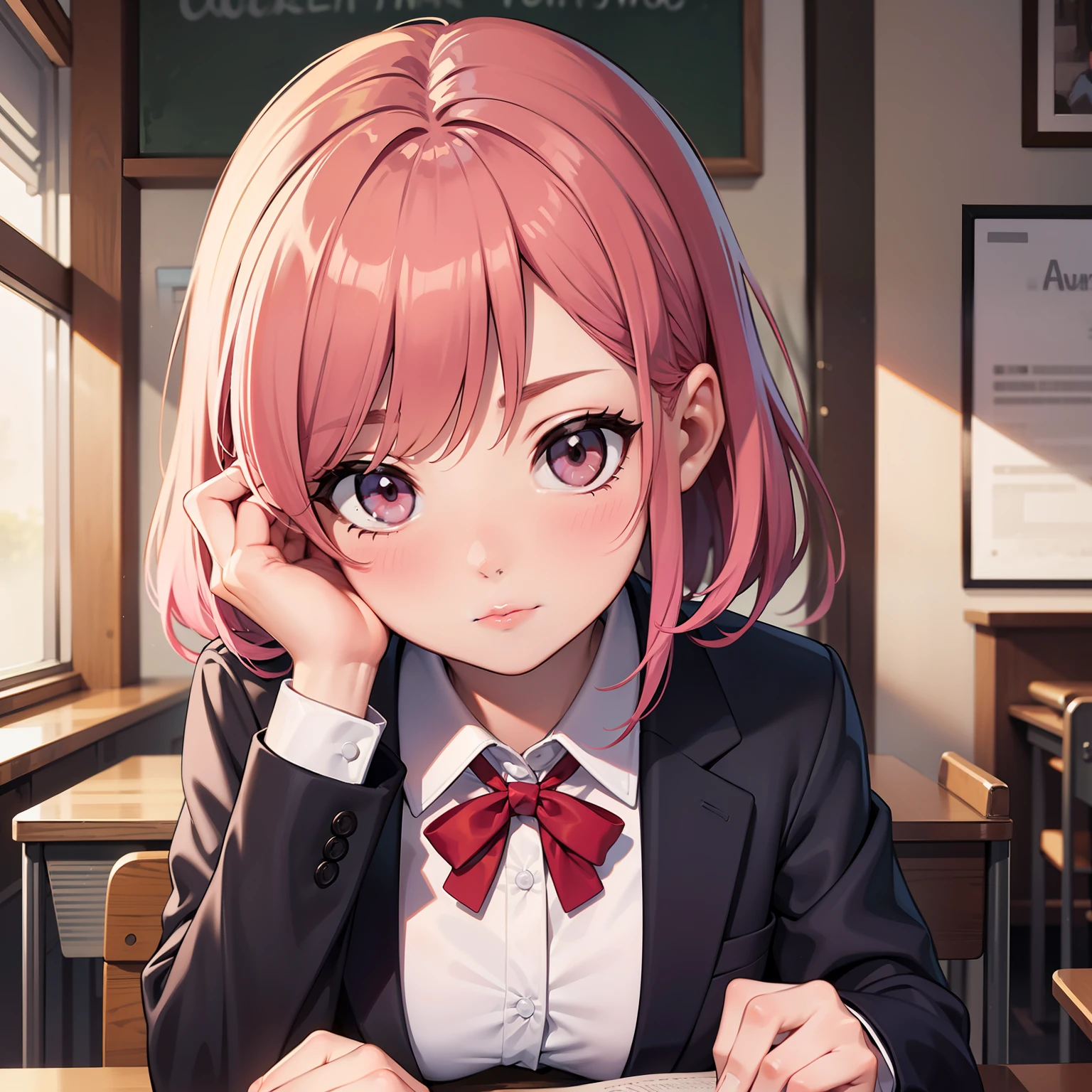 (Masterpiece, best quality), a schoolgirl, pink hair